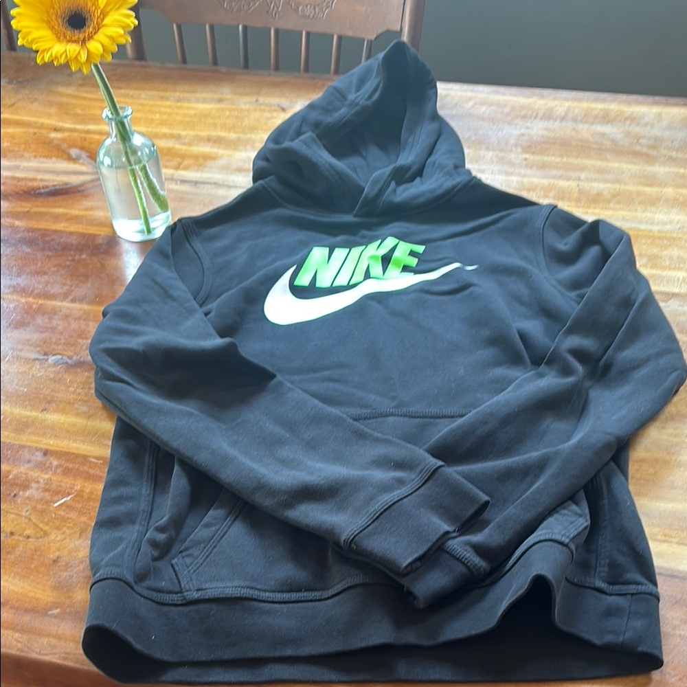 Nike Black and Green Hoodie Sweatshirt with Iconic Swoosh